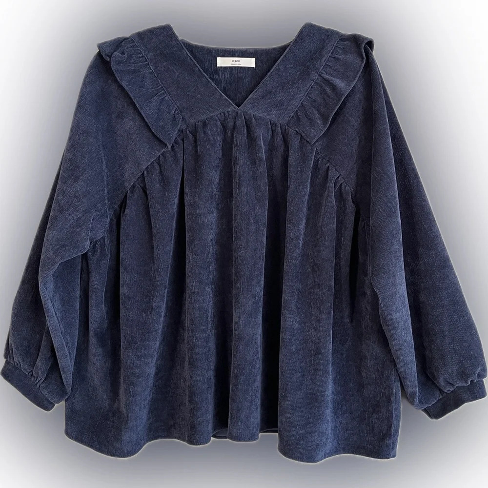 e;ann Corduroy Boho Ruffle Blouse, Puff Sleeves, Oversized, No Size-Likely Large